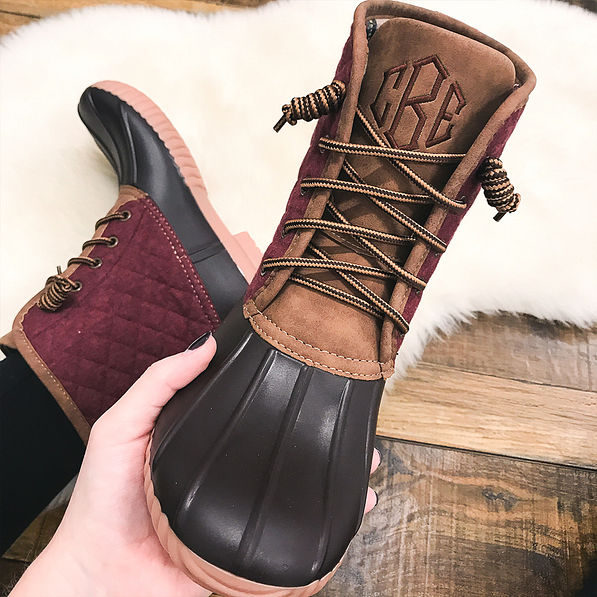monogrammed burgundy duck boots with chocolate thread