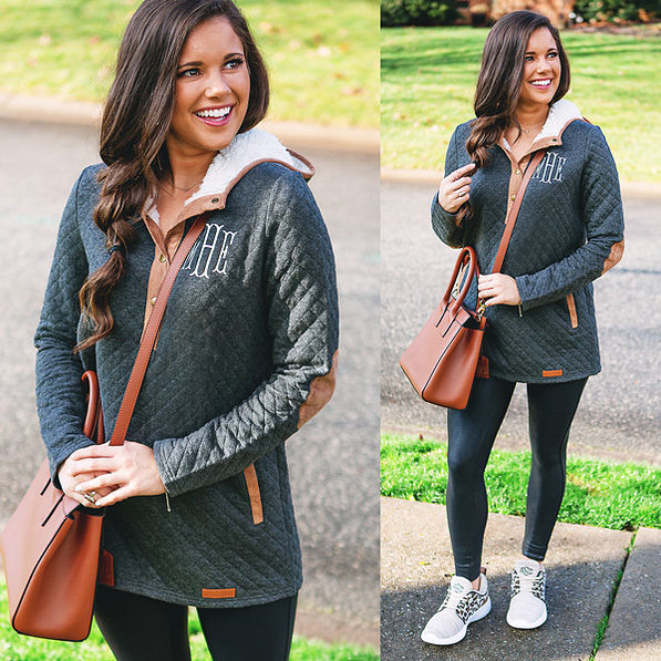 monogrammed quilted hoodie in charcoal