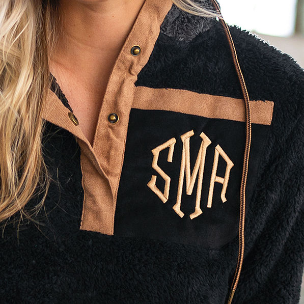 close up of pocket of colorblock sherpa hoodie