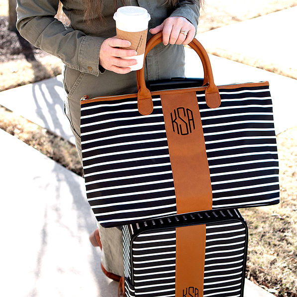 Black and White Striped carry on with rolling suitcase