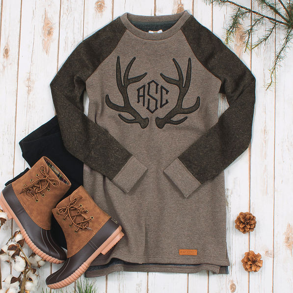 monogrammed antlers sweatshirt with brown pull on duck boots