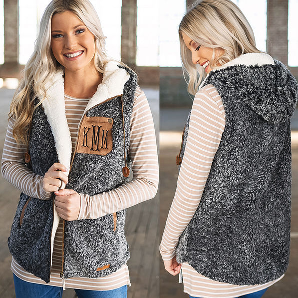 front and back of hooded sherpa vest