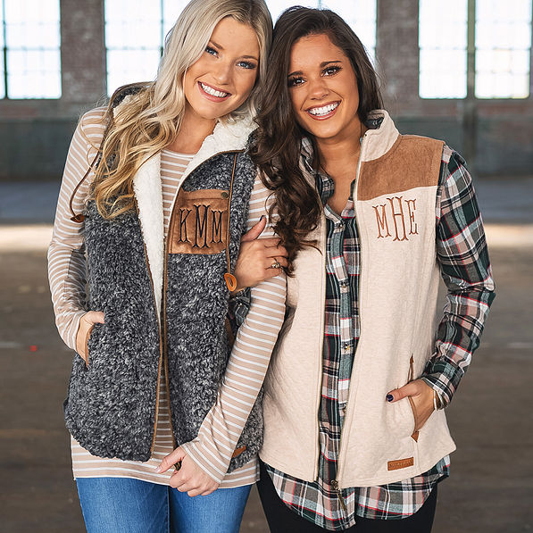 monogrammed sherpa hooded vest with monogrammed quilted vest