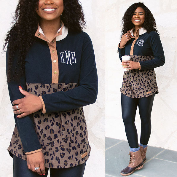 monogrammed leopard fleece colorblock pullover