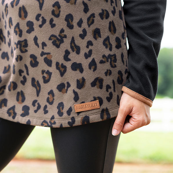 leopard fleece pullover branding tag detail