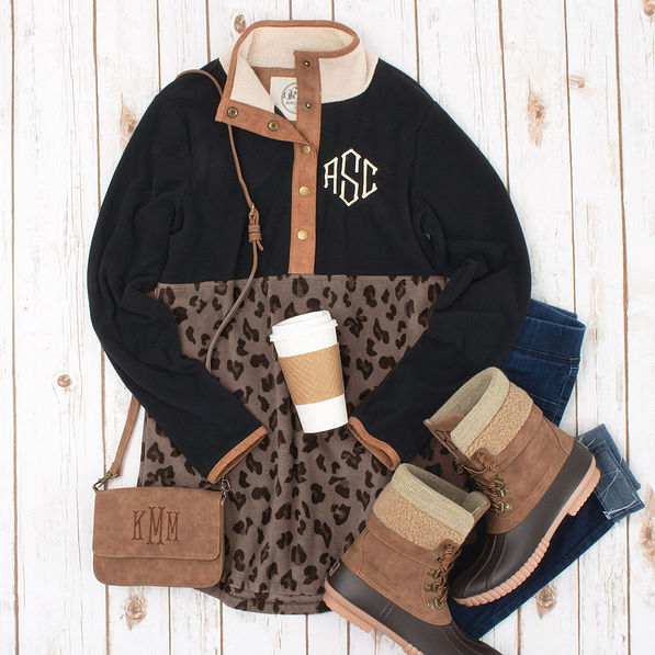 monogrammed leopard pullover with duck boots and crossbody