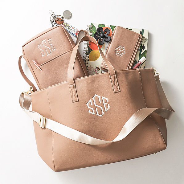 tan bible carrier with carry on travel tote and wallet