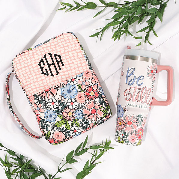 boho blooms monogrammed bible carrier with be still tumbler