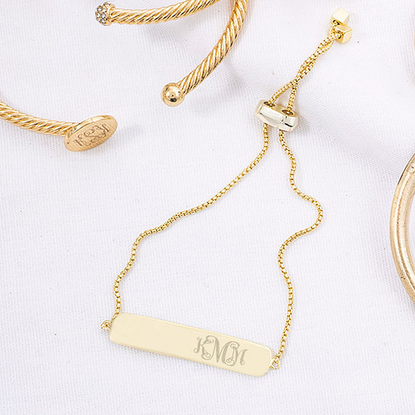 monogrammed gold plated adjustable bar bracelet with gold jewelry