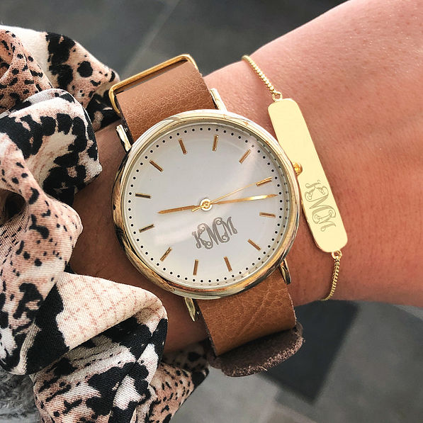 monogrammed gold plated adjustable bar bracelet with monogrammed watch and scrunchie