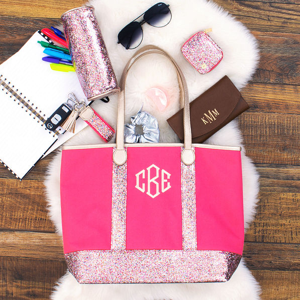 monogrammed confetti tote bag with confetti pill case and confetti pencil case