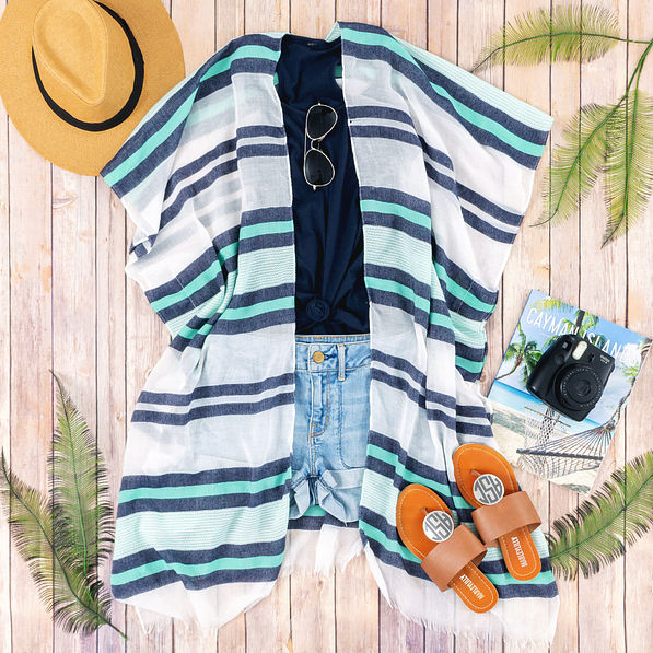 flowy sheer cover striped kimono with shorts and sandals