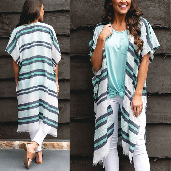 striped blue and white sheer kimono with white jeans
