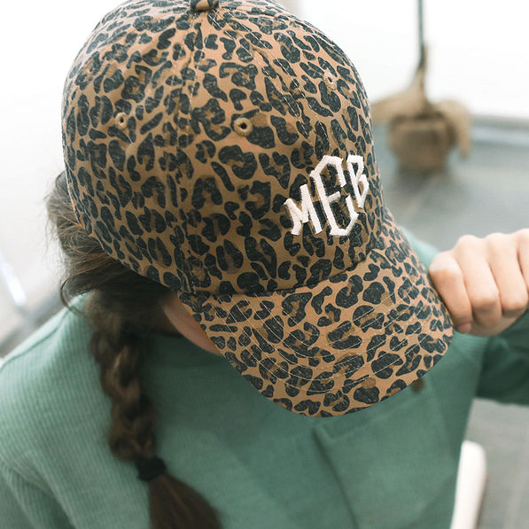 leopard baseball hat with ivory monogram
