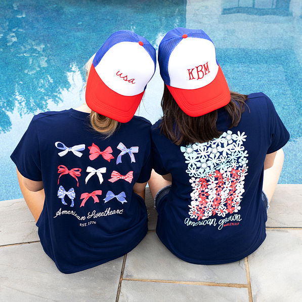 america monogrammed trucker hats with america t-shirts by the pool