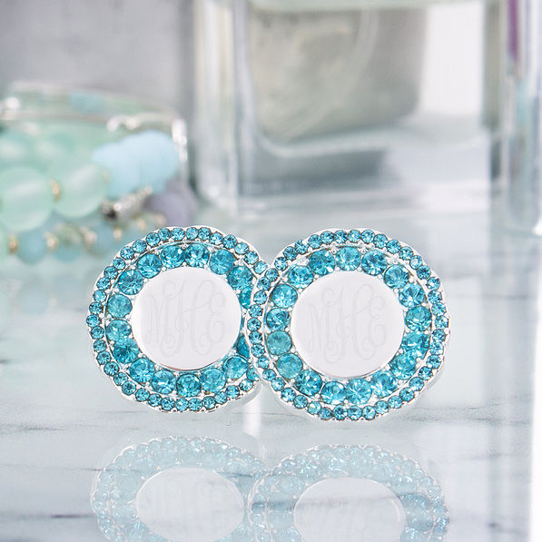 blue and silver monogrammed rhinestone cluster earrings