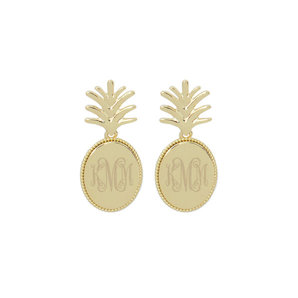 monogrammed pineapple dangle earrings in gold