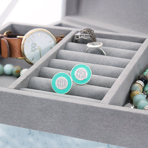 monogrammed mint disc earrings in jewelry box