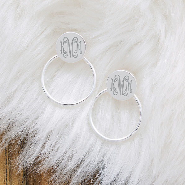 monogrammed door knocker earrings on faux fur