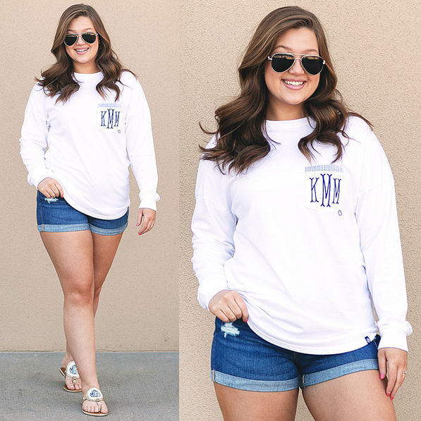 monogrammed white long sleeve shirt with seersucker pocket