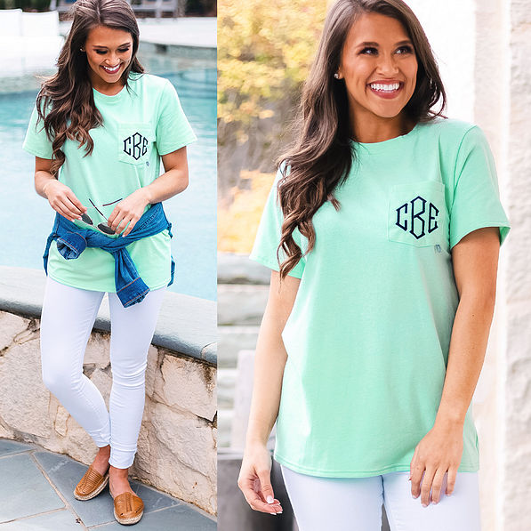 monogrammed mint dockside t-shirt with white jeans by the pool