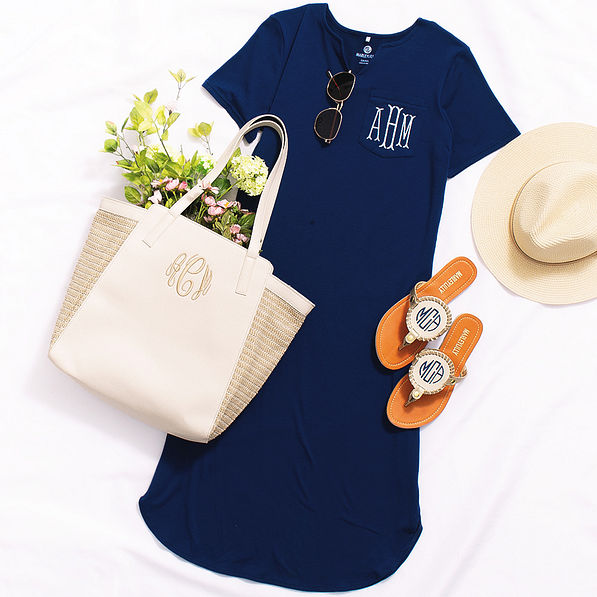 personalized midi dress in navy with seaside tote