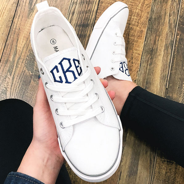 monogrammed white canvas sneaker selfie