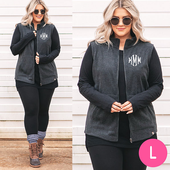 monogrammed charcoal fleece vest with leggings and duck boots