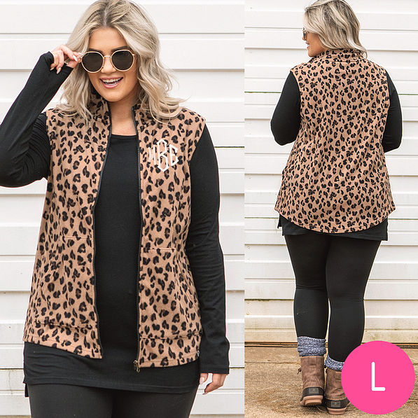 front and back of monogrammed leopard fleece vest