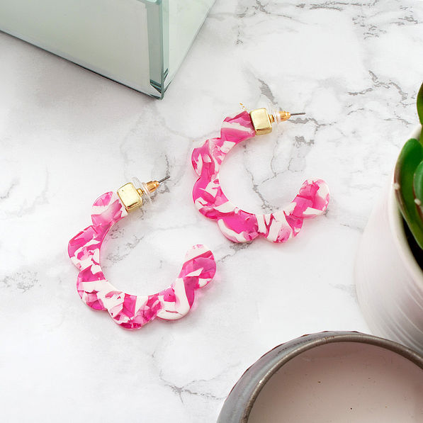 pink and white flower resin hoop earrings