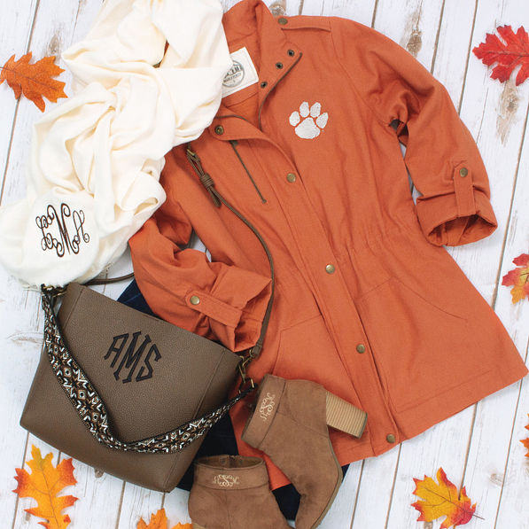 clemson field coat with monogrammed scarf and tote
