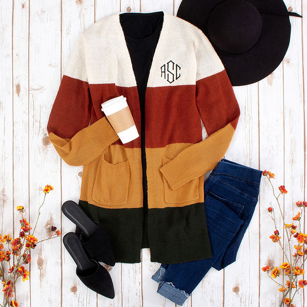 colorblock cardigan in mustard, rust, and ivory