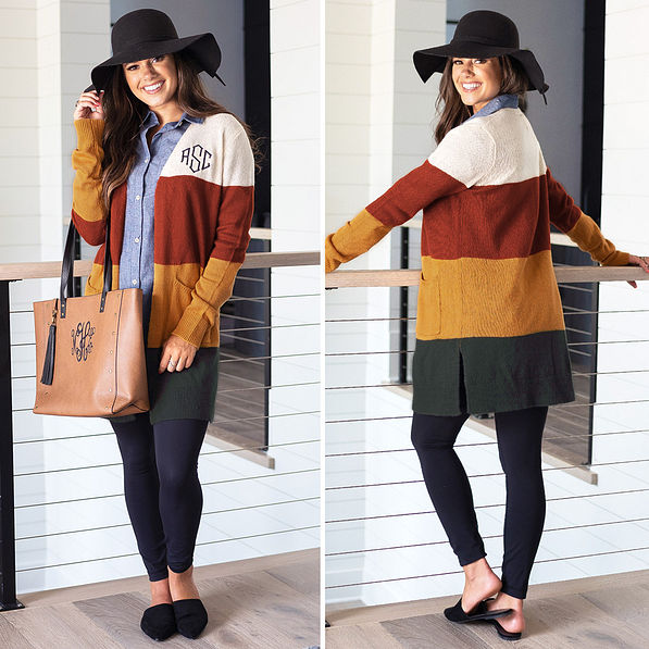 monogrammed colorblock cardigan outfit with tote