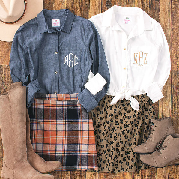 monogrammed button down tunics with plaid and leopard pull on skirts