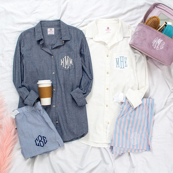 Wedding getting ready outfit with monogrammed button down tunics and pajama shorts