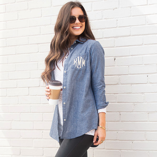 monogrammed chambray button down tunic styled as shacket