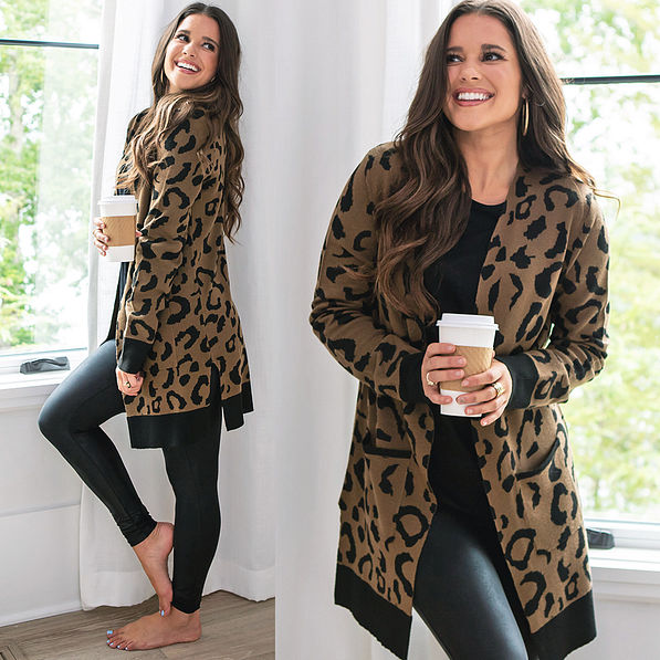 front and side shot of leopard cardigan