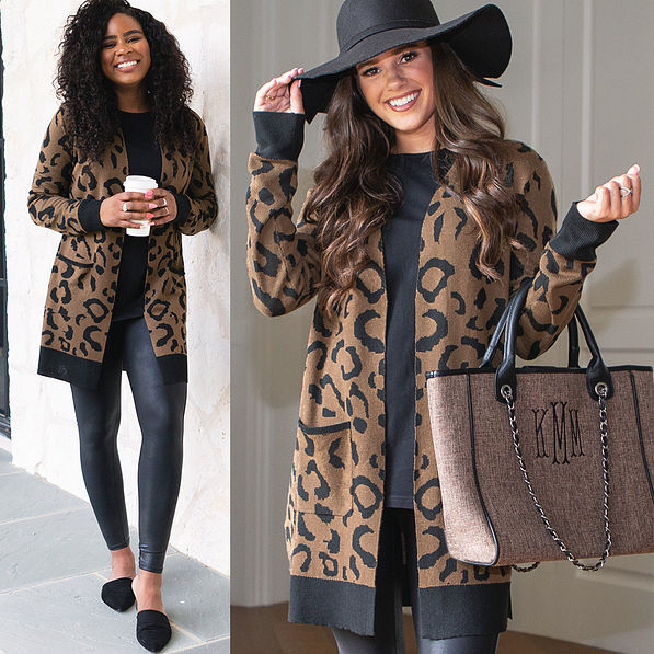 leopard cardigan with monogrammed charlotte handbag