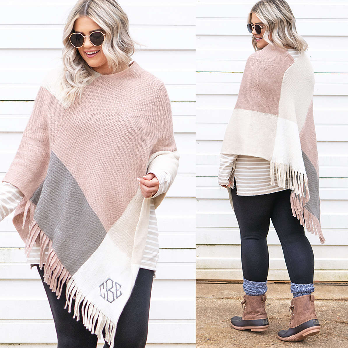 Monogrammed Colorblock Poncho w/ Fringe - Marleylilly