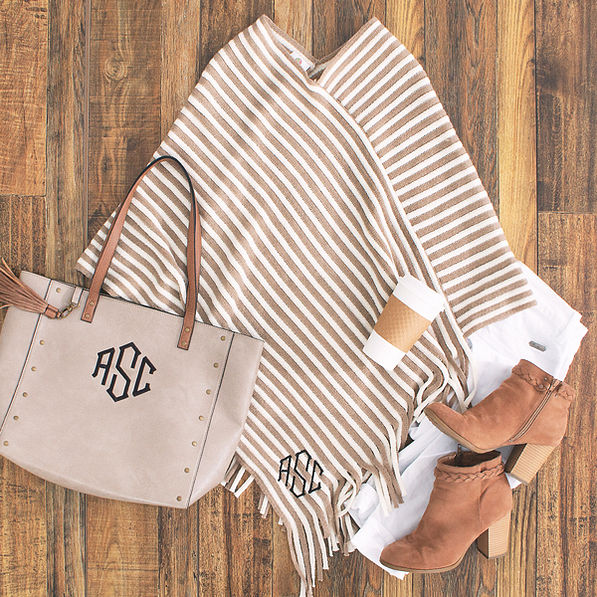 monogrammed mini striped poncho with cheyenne tote and booties