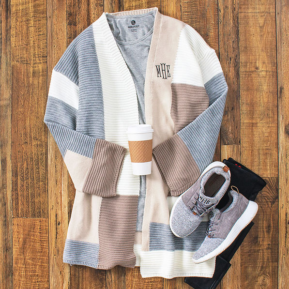 cozy gray monogrammed audrey cardigan with leggings and sneakers
