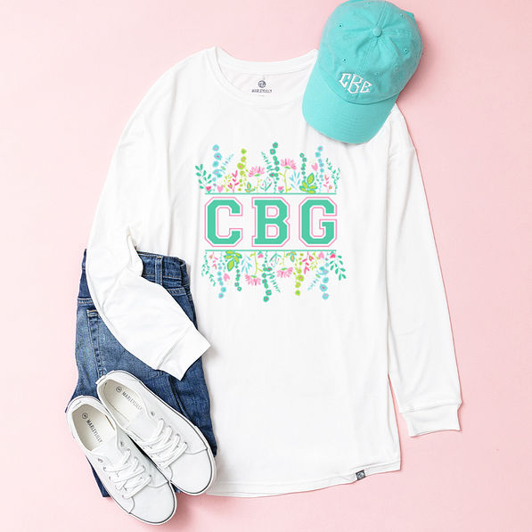 white long sleeve shirt with spring varsity monogram