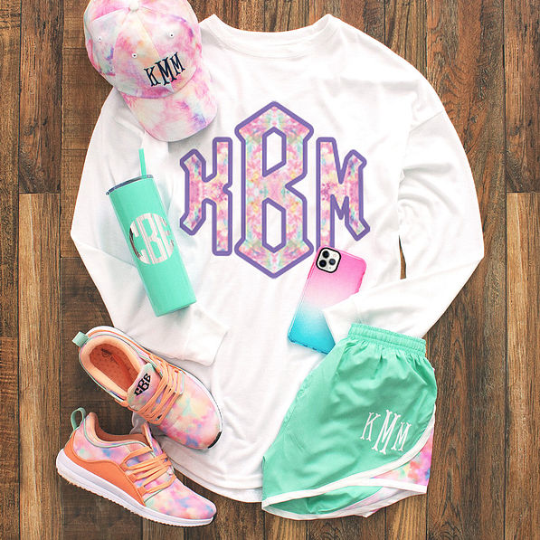 tie dye monogram long sleeve shirt with shorts and matching sneakers
