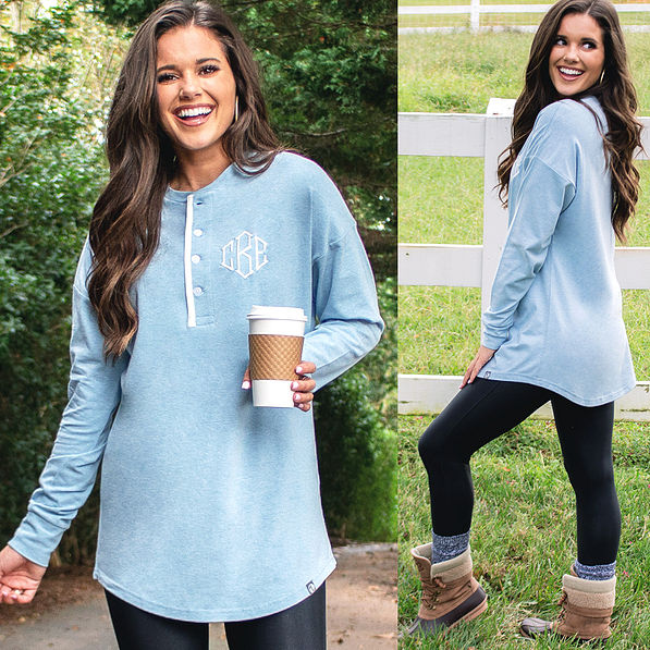 front and side shot of blue boyfriend henley