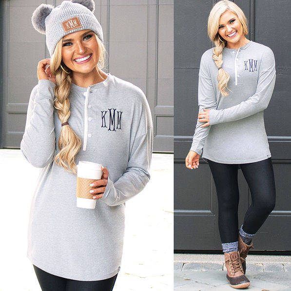 grey boyfriend henley shirt with beanie