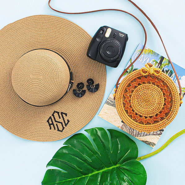 monogrammed leopard sun hat with round shoulder bag