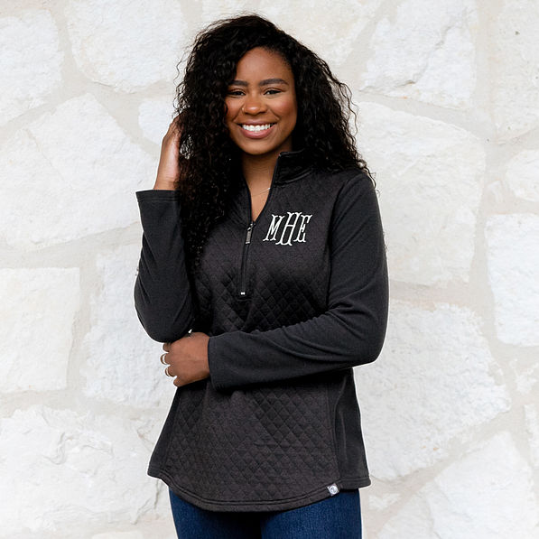 monogrammed black quilted popover pullover