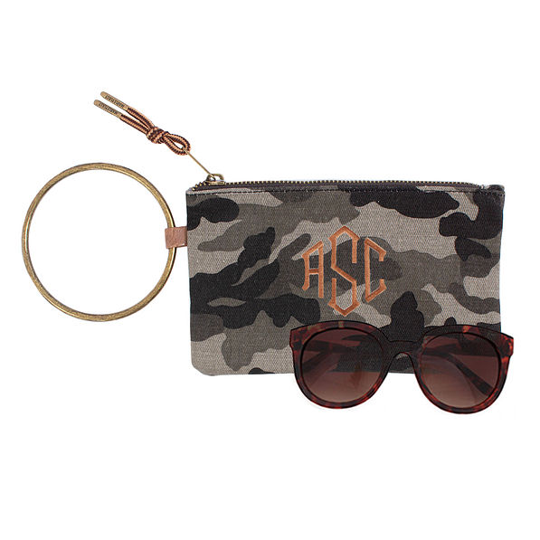 monogrammed camo wristlet pouch