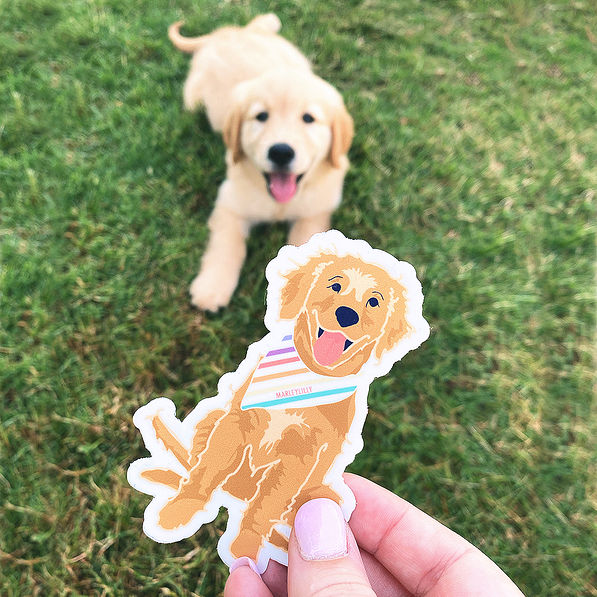 puppy sticker with puppy on grass in background