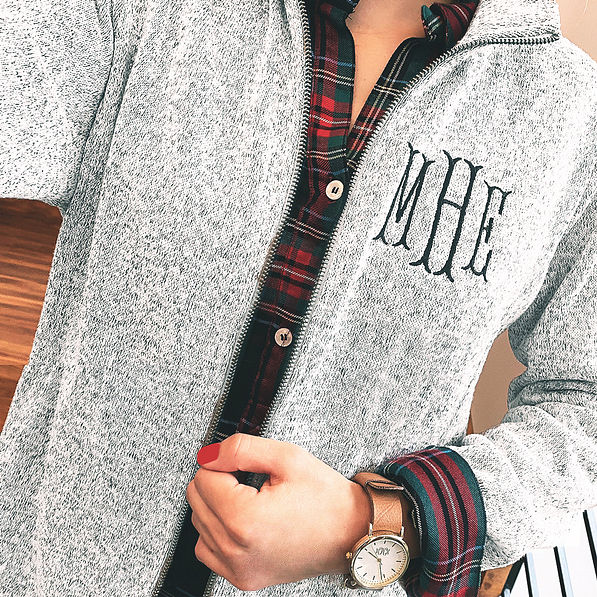 selfie in monogrammed heathered jacket